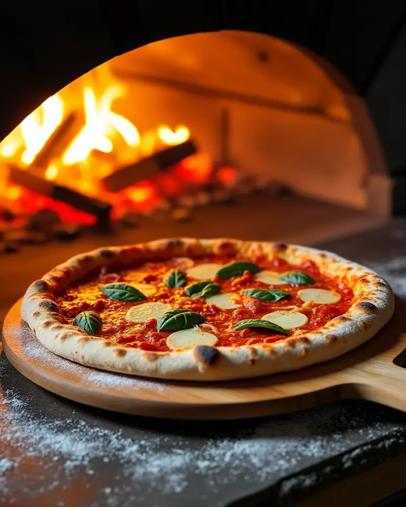 Pizza Margherita auf einem Holzschieber vor dem Ofenmund eines Steinofens, im Hintergrund glühendes Holz